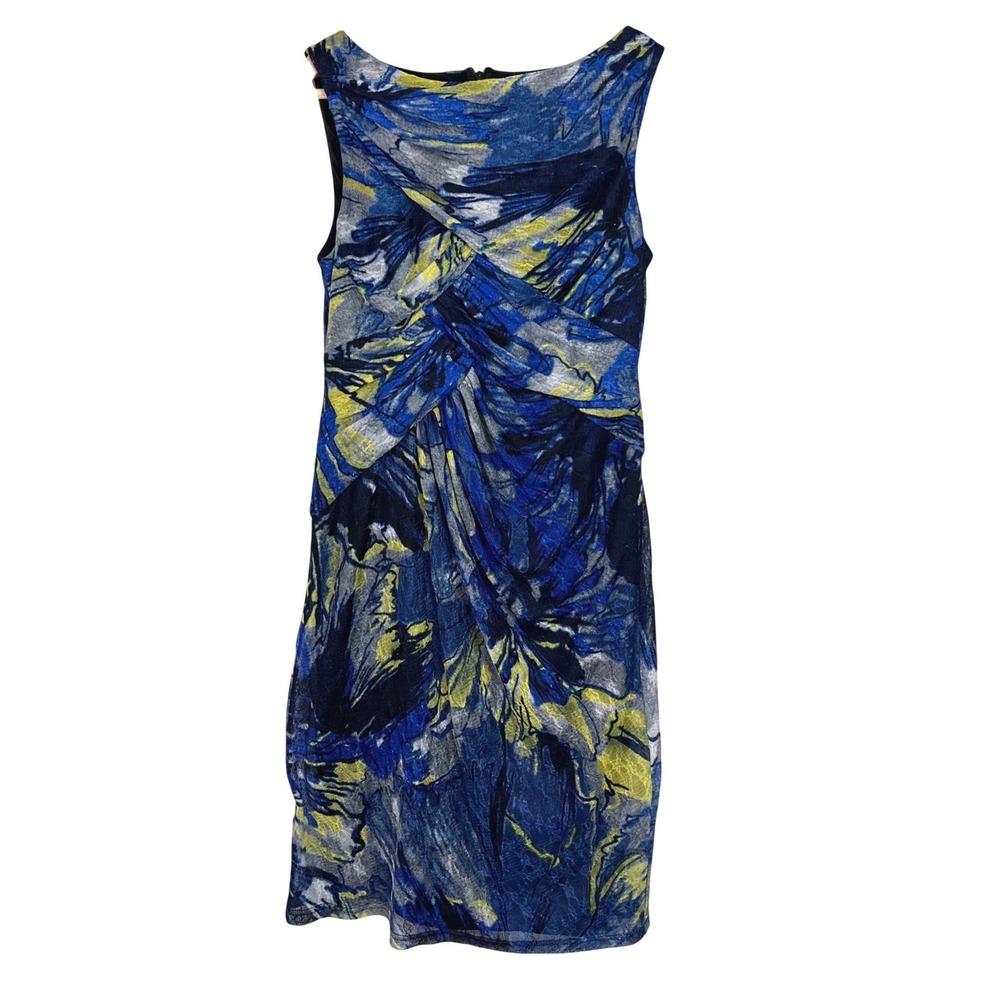 Adrianna‎ Papell Womens Blue Yellow Abstract Ruched Sheath Cocktail Dress Size 4
